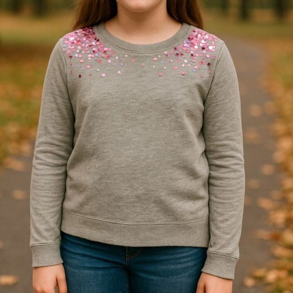 Justice Girls Size 10 Gray Pink Sequin Embellished Crewneck Sweatshirt